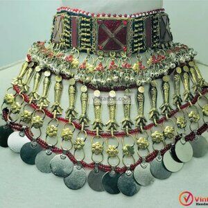 Red Statement Choker Necklace With Dangling Fish Motifs